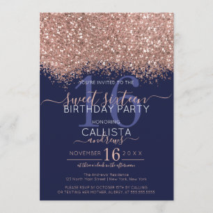 Luxury Rose Gold Navy Glitzer Confetti Sweet 16 Einladung