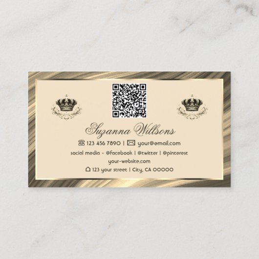 Luxury Royal Beige Gold Crown mit QR Code Noble Visitenkarte (Rückseite)