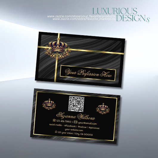 Luxury Royal Black Gold Crown mit QR Code Noble Visitenkarte