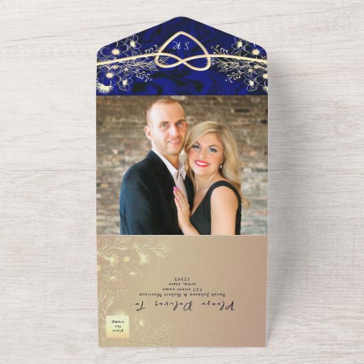Luxury Royal Blue and Gold Wedding All In One Einladung (Außenbereich)
