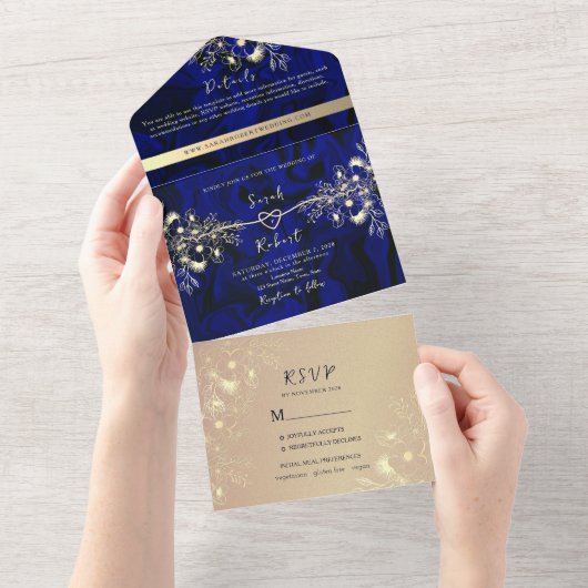 Luxury Royal Blue and Gold Wedding All In One Einladung (Abreißen)