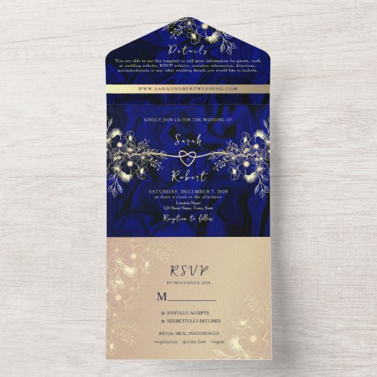 Luxury Royal Blue and Gold Wedding All In One Einladung (Innen Boden)