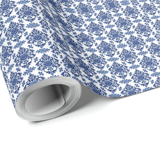 Luxury Royal Blue and White Baroque Floral Pattern Geschenkpapier (Rolleneckpunkt)