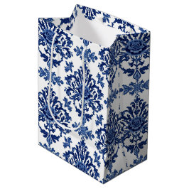 Luxury Royal Blue and White Baroque Floral Pattern Mittlere Geschenktüte