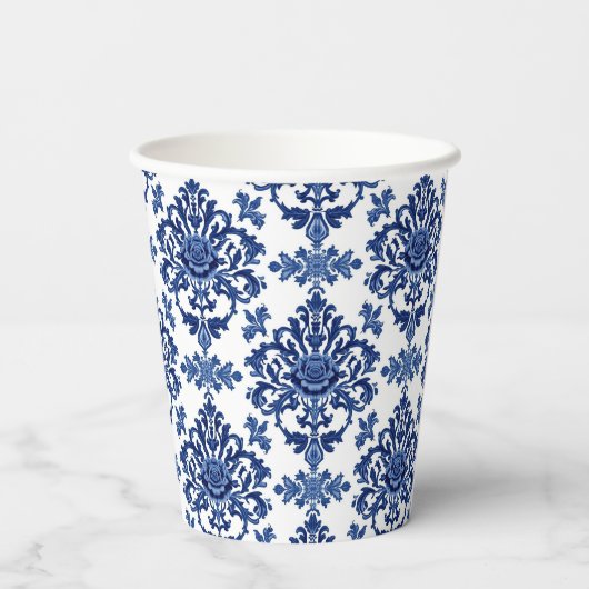 Luxury Royal Blue and White Baroque Floral Pattern Pappbecher (Rückseite)