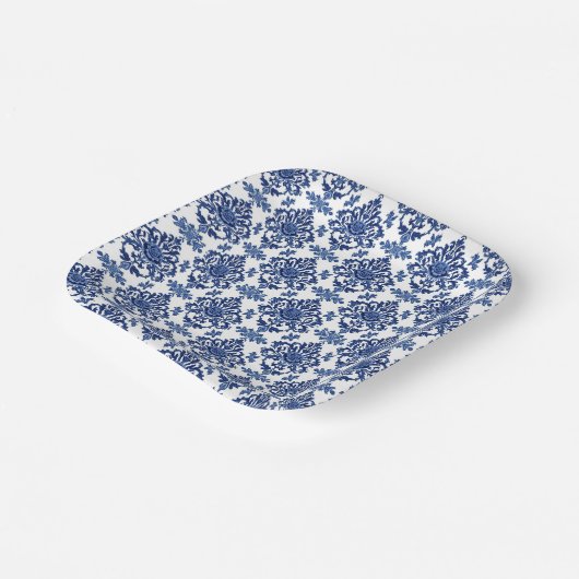 Luxury Royal Blue and White Baroque Floral Pattern Pappteller (Gewinkelt)