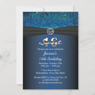 Luxury Royal Blue Black Ribbon Sweet 16 Einladung