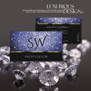 Luxury Royal Blue Glitzer Stars Black Monogram Visitenkarte