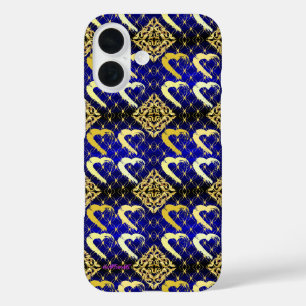 Luxury Royal Blue und Gold Hearts iPhone 16 Fall Hülle