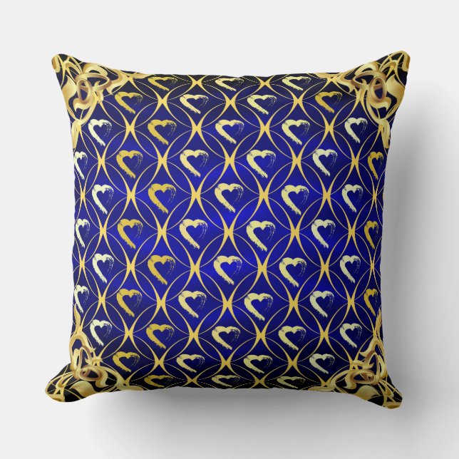 Luxury Royal Blue und Gold Hearts Pillow Kissen (Vorderseite)