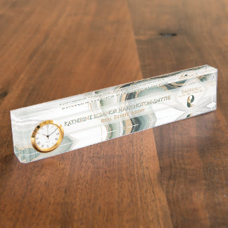 Luxury Sage Gold Marble Plus Clock Realtor Office Namensplakette