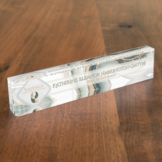 Luxury Sage Gold Marble Sleek Realtor Office Logo  Namensplakette (Seite)
