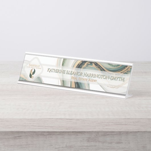 Luxury Sage Gold Marble Sleek Realtor Office Logo Schreibtischnamensplakette (Vorderseite )