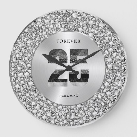 Luxury Silver 25th Anniversary Black & Gray Glitte Große Wanduhr (Vorderseite)