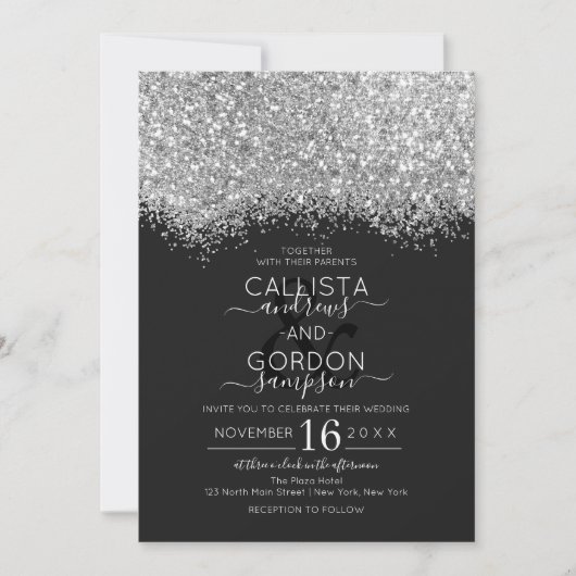 Luxury Silver Black Glitzer Confetti Wedding Einladung (Vorderseite)