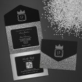 Luxury Silver Black Glitzer Monogram Wedding All In One Einladung
