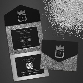 Luxury Silver Black Glitzer Monogram Wedding All In One Einladung