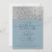 Luxury Silver Blue Glitzer Confetti Birthday Einladung (Vorderseite)