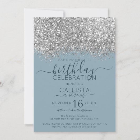 Luxury Silver Blue Glitzer Confetti Birthday Einladung (Vorderseite)