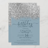 Luxury Silver Blue Glitzer Confetti Birthday Einladung (Vorne/Hinten)