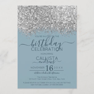Luxury Silver Blue Glitzer Confetti Birthday Einladung
