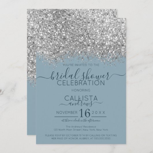 Luxury Silver Blue Glitzer Confetti Brautparty Einladung (Vorne/Hinten)