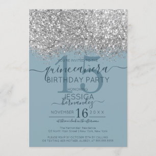 Luxury Silver Blue Glitzer Confetti Quinceañera Einladung