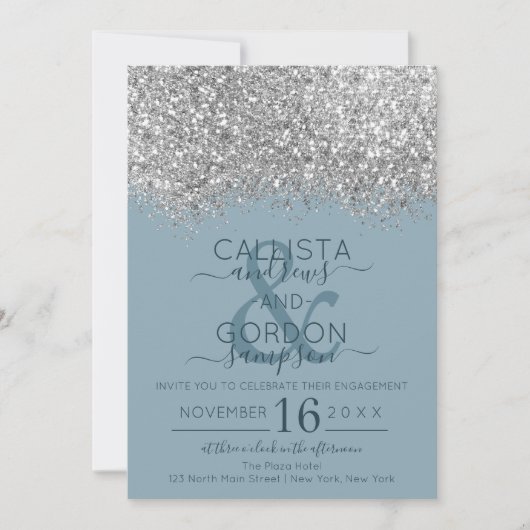 Luxury Silver Blue Glitzer Confetti Verlobung Einladung (Vorderseite)