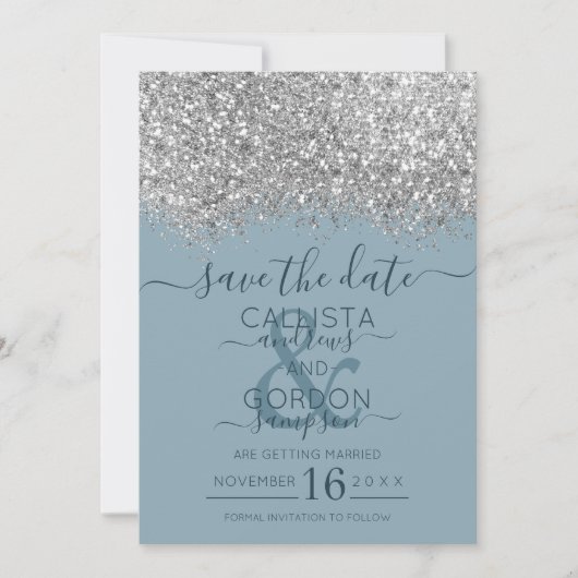Luxury Silver Blue Glitzer Confetti Wedding Save The Date (Vorderseite)