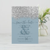Luxury Silver Blue Glitzer Confetti Wedding Save The Date (Stehend Vorderseite)