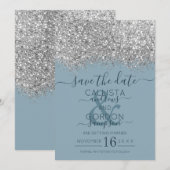 Luxury Silver Blue Glitzer Confetti Wedding Save The Date (Vorne/Hinten)