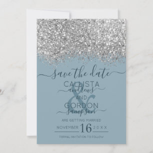 Luxury Silver Blue Glitzer Confetti Wedding Save The Date