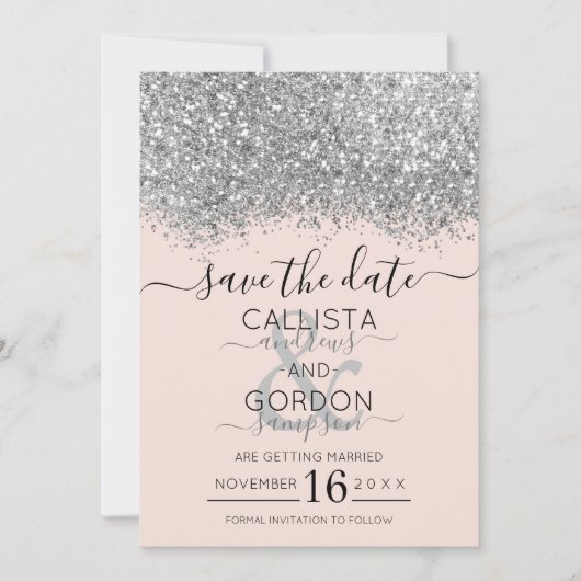 Luxury Silver Blush Glitzer Confetti Wedding Save The Date (Vorderseite)