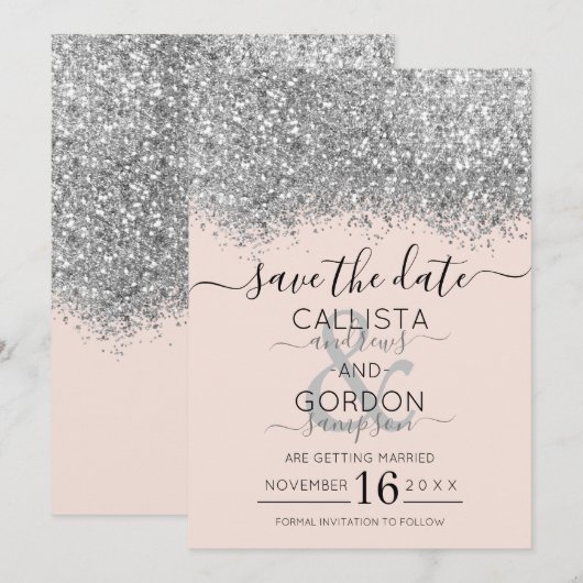 Luxury Silver Blush Glitzer Confetti Wedding Save The Date (Vorne/Hinten)