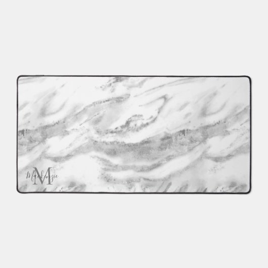 Luxury Silver Foil Marmor Monogram Schreibtischunterlage (Vorderseite)