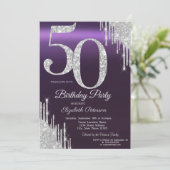 Luxury Silver Glitter Drips Purple 50th Einladung (Stehend Vorderseite)