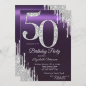 Luxury Silver Glitter Drips Purple 50th Einladung (Vorne/Hinten)