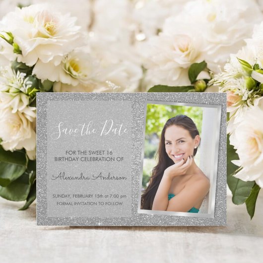 Luxury Silver Glitzer Sweet 16 Save the Date Einladung