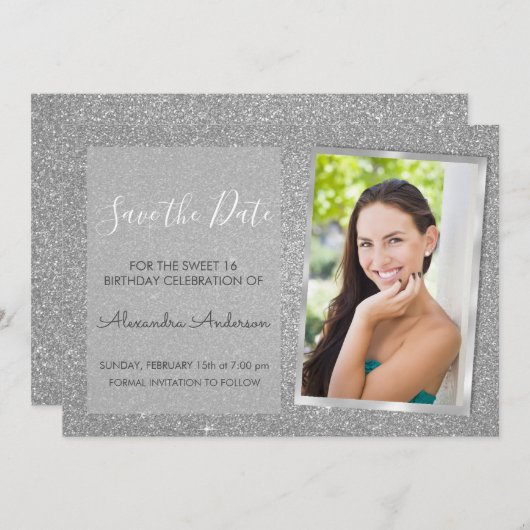 Luxury Silver Glitzer Sweet 16 Save the Date Einladung (Vorne/Hinten)