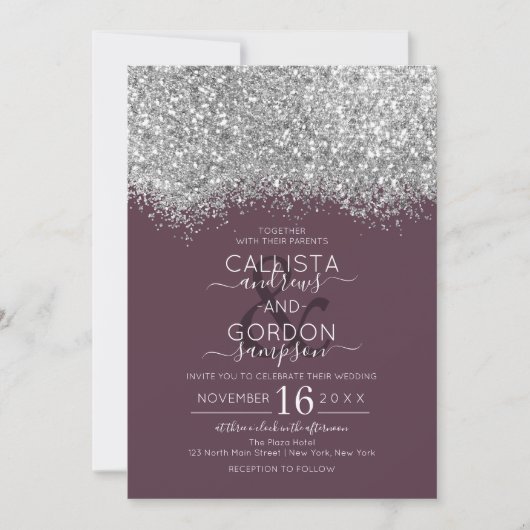 Luxury Silver Lila Glitzer Confetti Wedding Einladung (Vorderseite)