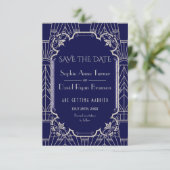 Luxury Silver Navy Blue Great Gatsby 20s Hochzeit Save The Date (Stehend Vorderseite)