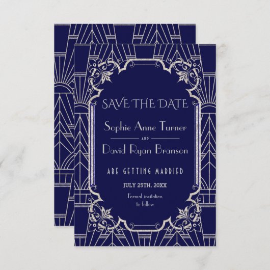 Luxury Silver Navy Blue Great Gatsby 20s Hochzeit Save The Date (Vorne/Hinten)