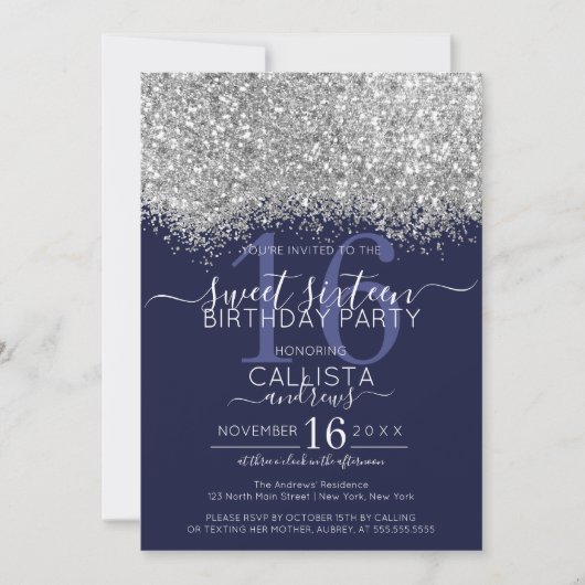 Luxury Silver Navy Glitzer Confetti Sweet 16 Einladung (Vorderseite)