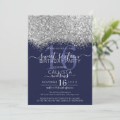 Luxury Silver Navy Glitzer Confetti Sweet 16 Einladung (Stehend Vorderseite)
