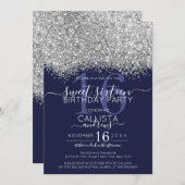 Luxury Silver Navy Glitzer Confetti Sweet 16 Einladung (Vorne/Hinten)