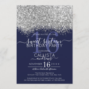 Luxury Silver Navy Glitzer Confetti Sweet 16 Einladung