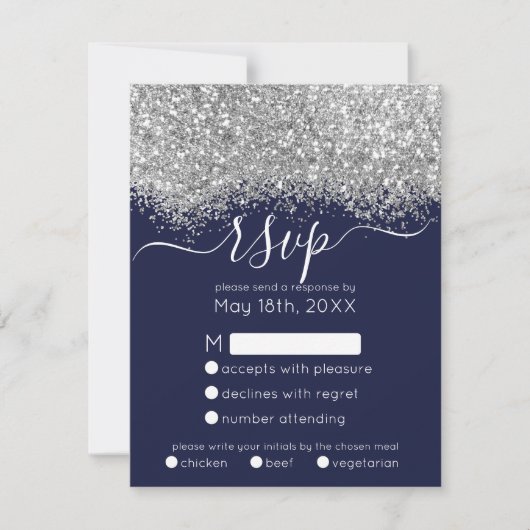 Luxury Silver Navy Glitzer Confetti Wedding RSVP Karte (Vorderseite)