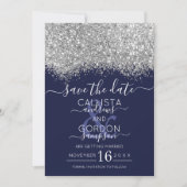 Luxury Silver Navy Glitzer Confetti Wedding Save The Date (Vorderseite)