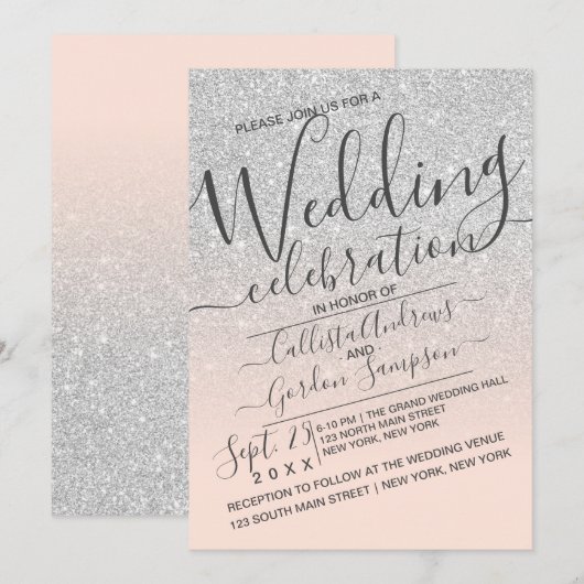 Luxury Silver Pink Funkelnd Glitzer Ombre Wedding Einladung (Vorne/Hinten)
