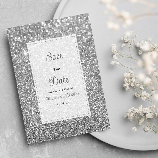 Luxury silver sparkly glitter glam Save The Date  Einladung